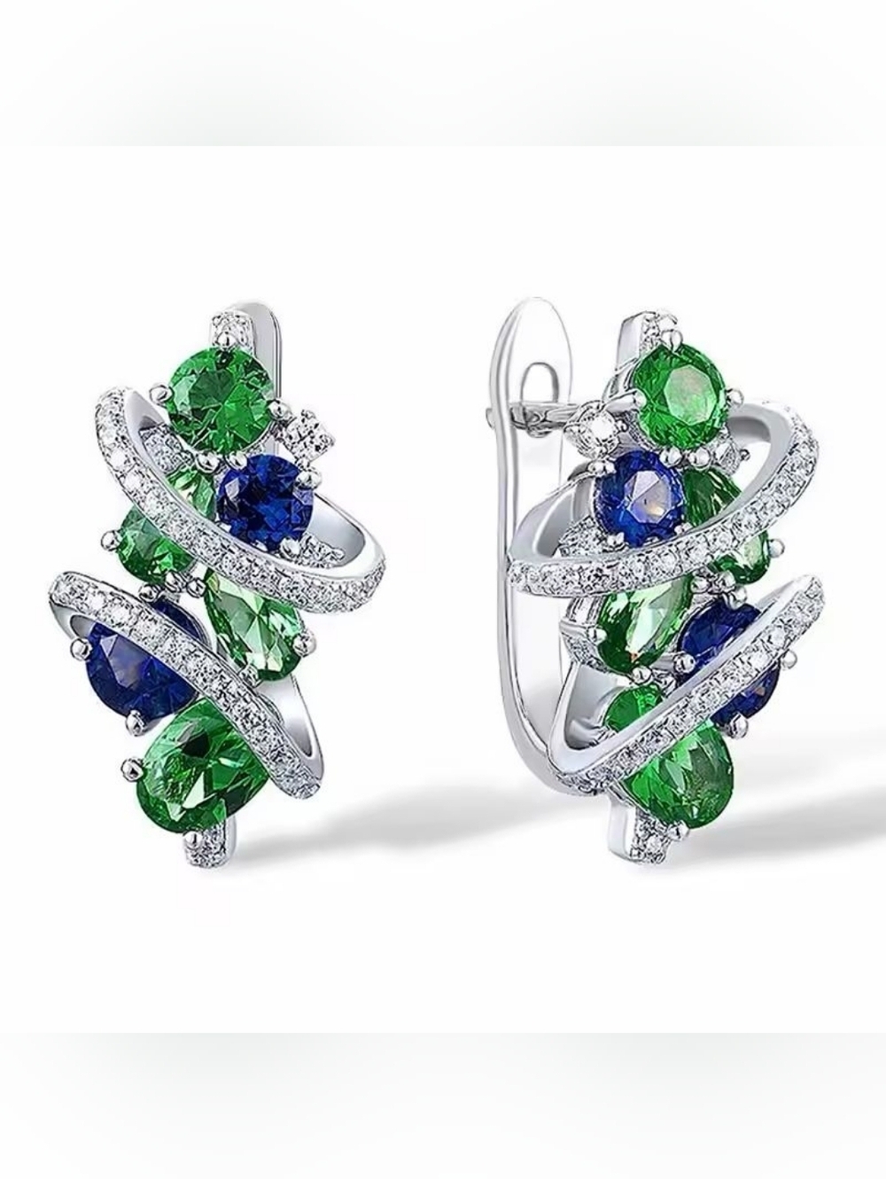 Twist Crystal Stud Earrings in Emerald & Sapphire - Women Jewelry - Picture 10 of 11